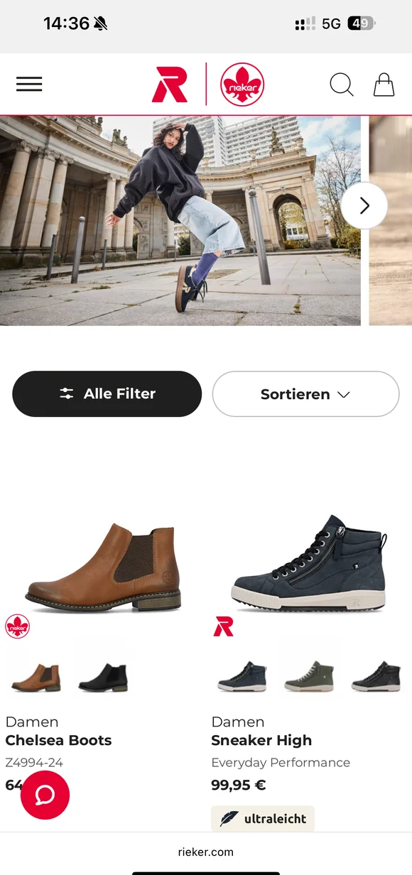 Mobile Rieker E-Commerce-Oberfläche mit einer Produktauflistung für Damen Chelsea Boots und Sneaker High