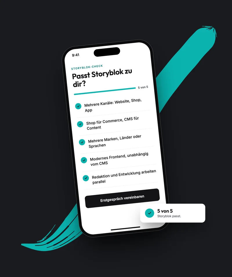 Smartphone showing a "Is Storyblok right for you?" checklist with five criteria met, in front of a teal brushstroke