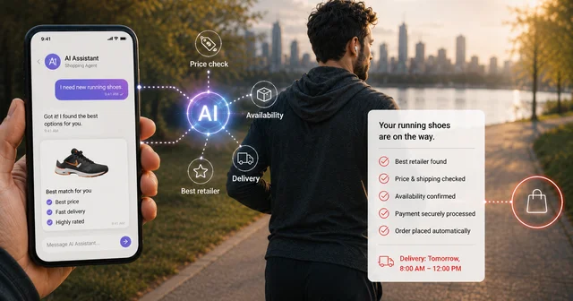 A person jogging with a smartphone displaying an AI assistant finding and ordering running shoes, with delivery details shown.