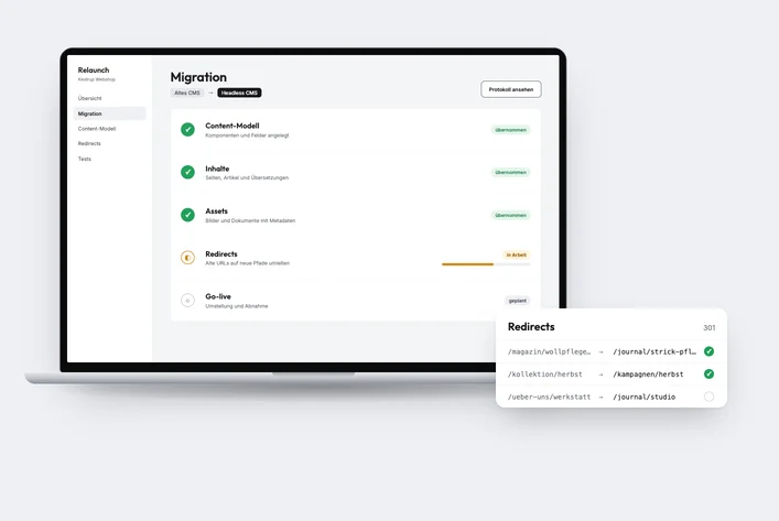 Migration overview with completed steps for content model, content and assets, and redirects in progress
