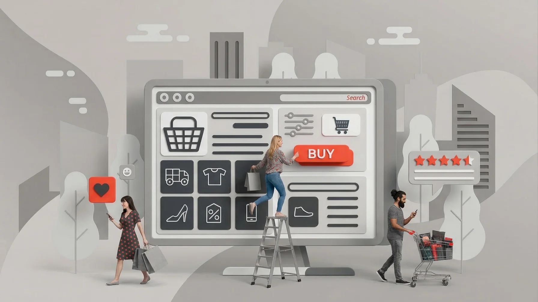 People interact with oversized online shopping elements, including a screen with "Buy" button, shopping cart icons, and product categories.
