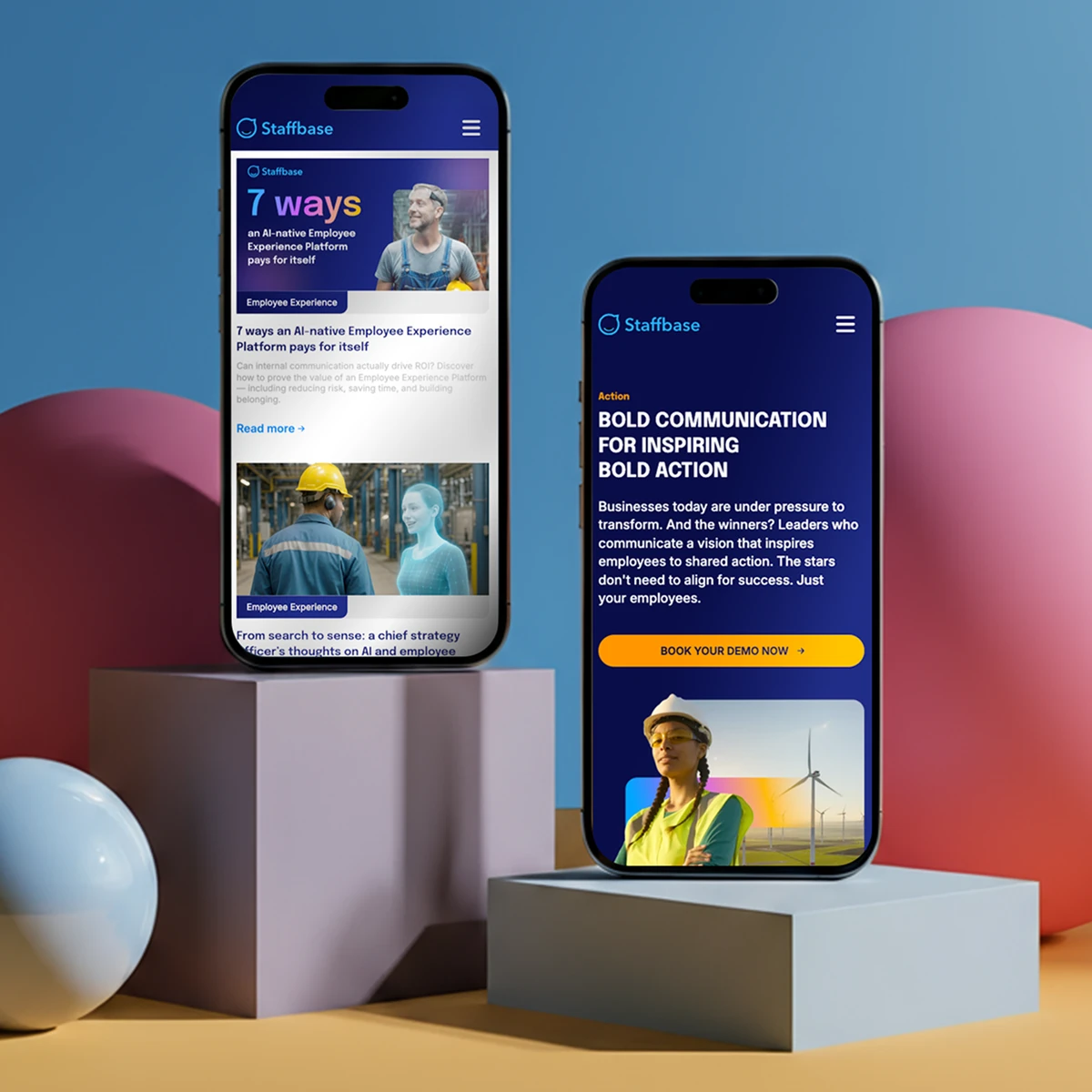 Staffbase E-Commerce-Website-Vorschau auf zwei Mobilgeräten mit Funktionen einer KI-nativen Employee Experience Plattform und Ressourcen für mutige Kommunikation