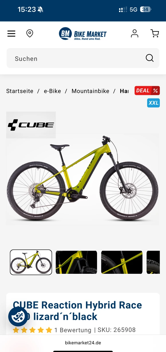 Mobile BIKE MARKET E-Commerce-Oberfläche mit dem E-Mountainbike „CUBE Reaction Hybrid Race“ in der Farbe „lizard´n´black“, inklusive Produktbildern, einem Deal-Badge und Kundenbewertungen