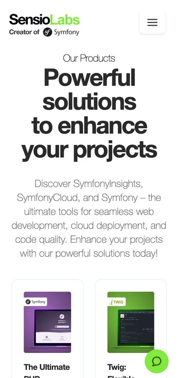 Mobile SensioLabs-Benutzeroberfläche mit Architektur-Workshops und Dienstleistungen für Symfony-Projekte