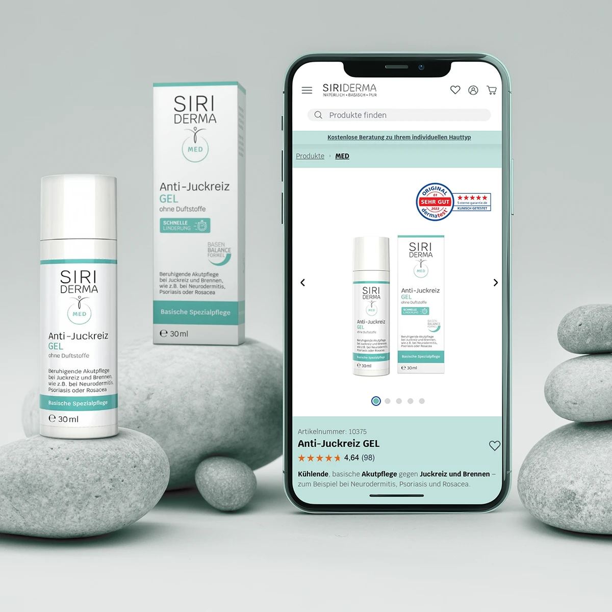 Siriderma E-Commerce-Website-Vorschau auf einem Smartphone mit der Produktseite für das Anti-Juckreiz GEL neben physischer Produktverpackung und beruhigenden Steinen