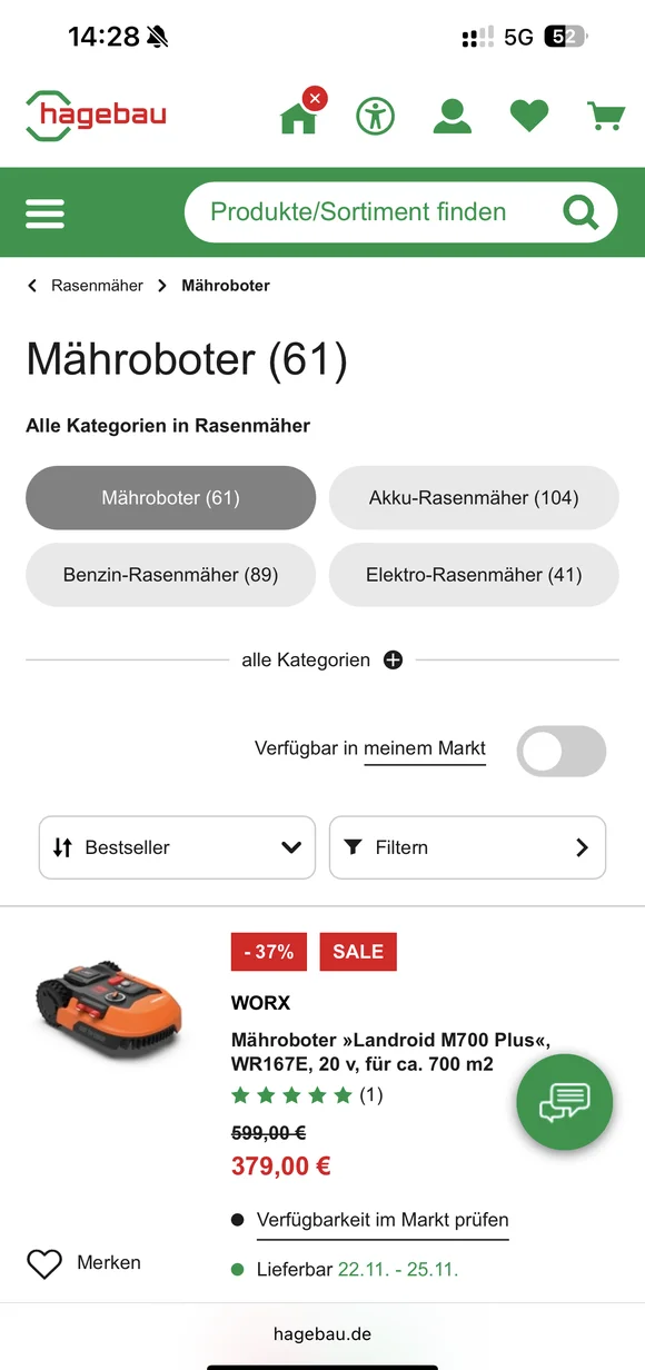 Mobile Hagebau E-Commerce-Oberfläche mit einer Produktauflistung für einen WORX Mähroboter sowie verschiedenen Rasenmäher-Kategorien