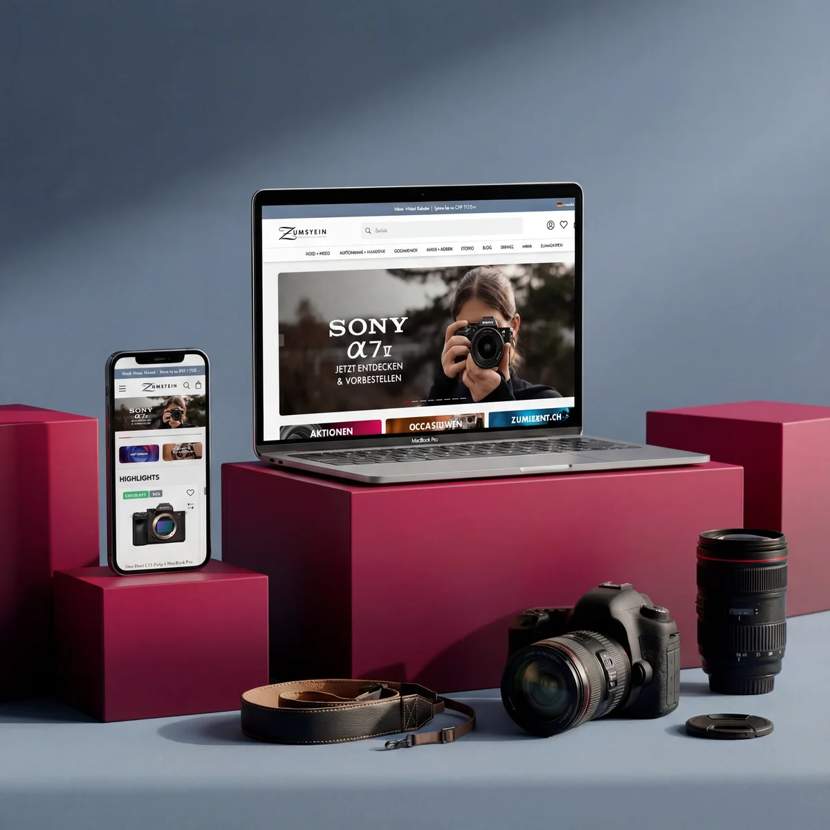 Zumstein E-Commerce-Website-Vorschau auf einem Laptop und Smartphone mit der Kamera „SONY α7 IV“ neben Fotoausrüstung, einschließlich einer Spiegelreflexkamera und eines Objektivs, vor einem Studio-Hintergrund mit magenta-farbenen Podesten