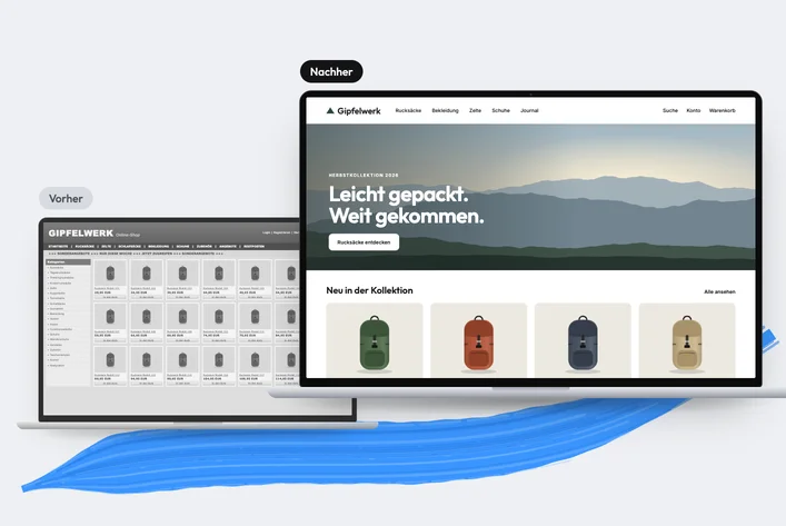 Before-and-after comparison: an outdated online shop on a small laptop and a rebuilt outdoor shop on a larger laptop