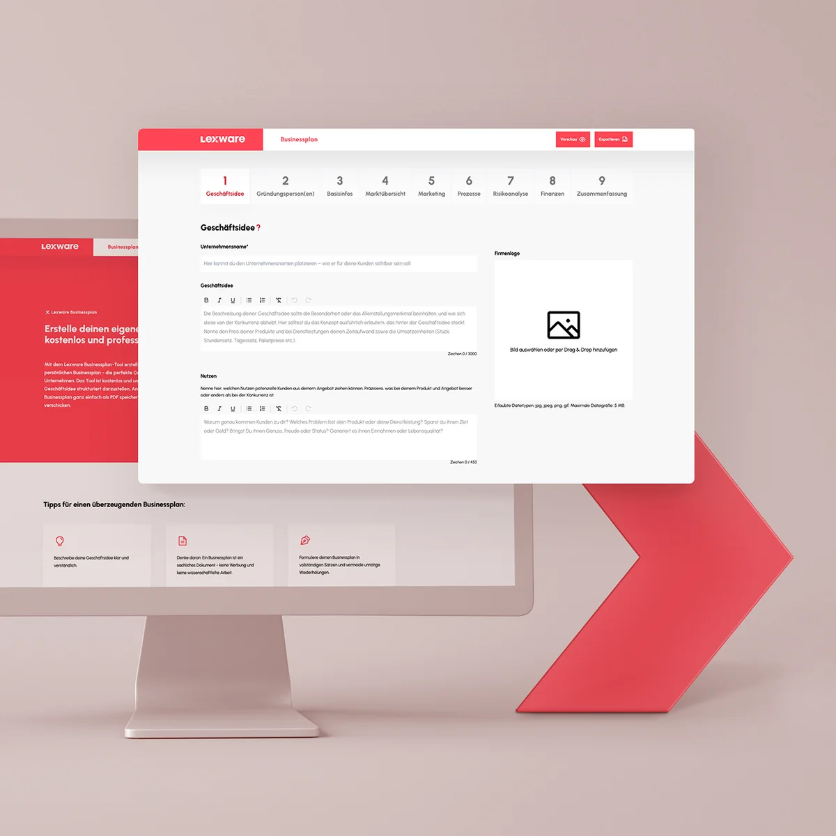 Lexware E-Commerce-Website-Vorschau auf einem Desktop-Monitor mit dem Tool zur Erstellung von Businessplänen und einer schrittweisen Anleitung für Geschäftsideen und Unternehmensinformationen