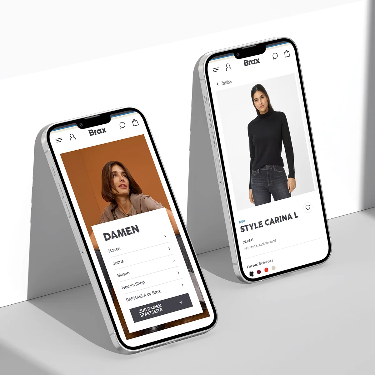 Brax E-Commerce-Website-Vorschau auf zwei Mobilgeräten mit der Damenmode-Kollektion, einem „DAMEN“-Kategoriemenü und der Produktseite „STYLE CARINA L“
