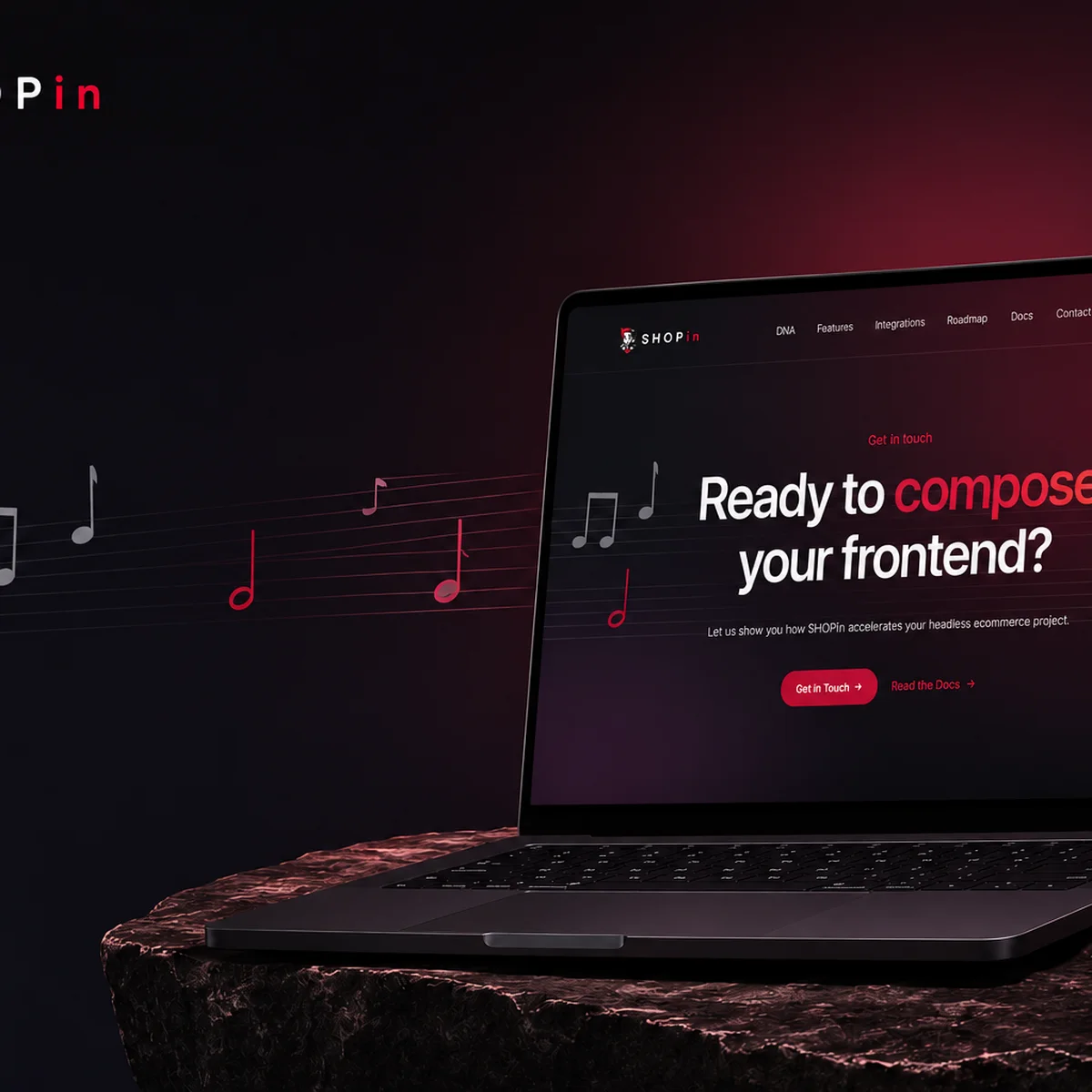 Laptop on a textured surface displaying a website with "Ready to compose your frontend?" slogan and musical notes in the background.
