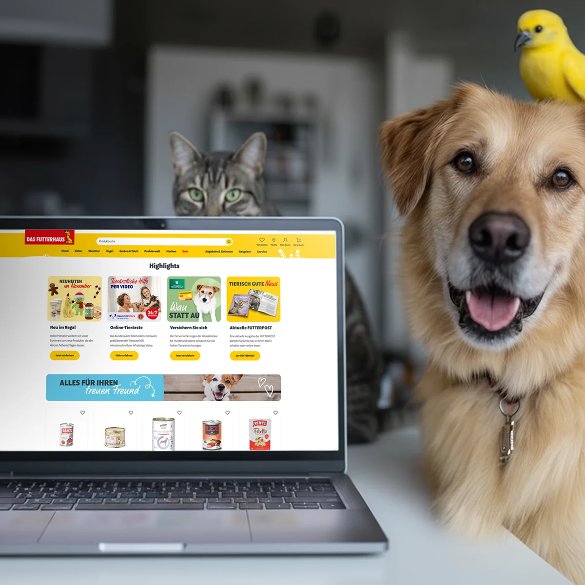Das Futterhaus E-Commerce-Website-Vorschau auf einem Laptop mit „Highlights“ wie Neuheiten, Online-Tierarztbesuchen und Tierversicherungen vor einem Lifestyle-Hintergrund mit Hund, Katze und Vogel