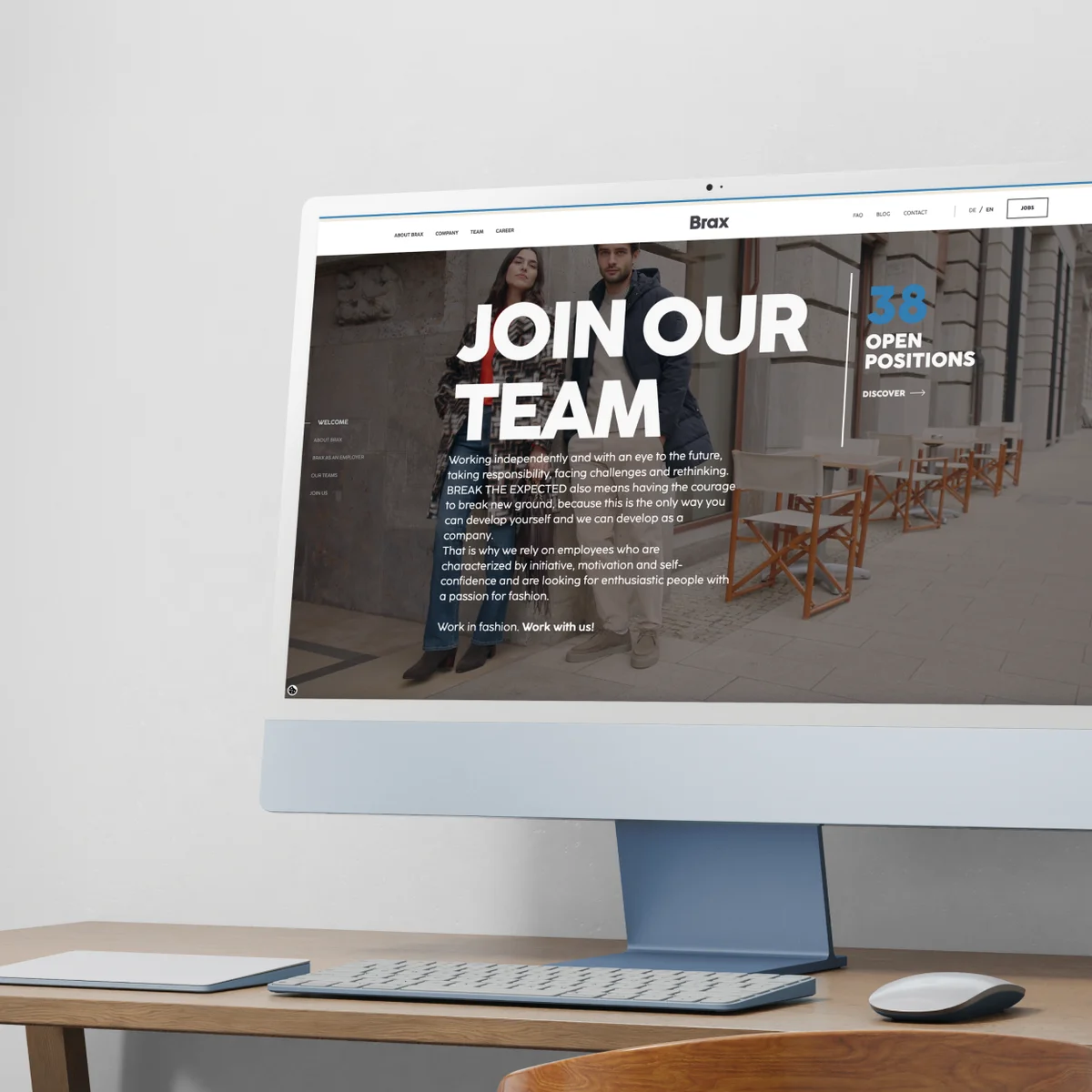 Brax E-Commerce-Website-Vorschau auf einem Desktop-Monitor mit der Karriereseite „JOIN OUR TEAM“ sowie Informationen zu offenen Stellen und der Unternehmenskultur
