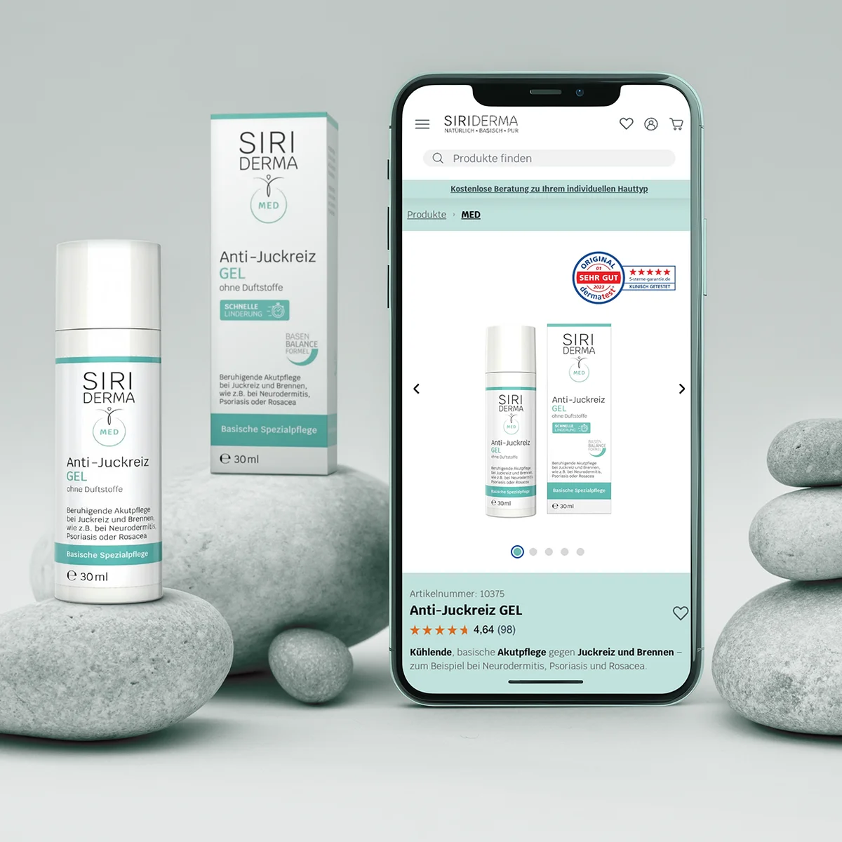 Siriderma E-Commerce-Website-Vorschau auf einem Smartphone mit der Produktseite für das Anti-Juckreiz GEL neben physischer Produktverpackung und beruhigenden Steinen