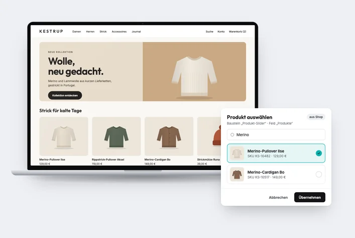 Online shop with an editorial campaign and product tiles, next to a product picker from the shop system inside the CMS