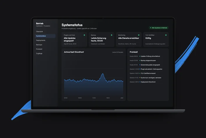 Dark laptop showing an online shop's system status: updates, backup, monitoring, TLS certificate and a response time chart