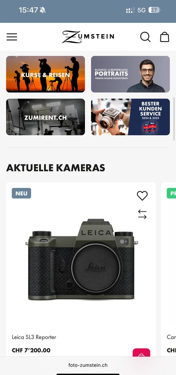 Mobile Zumstein E-Commerce-Oberfläche mit der Kamera „Leica SL3 Reporter“ sowie Kacheln für Fotokurse, Miet-Services und Porträt-Termine