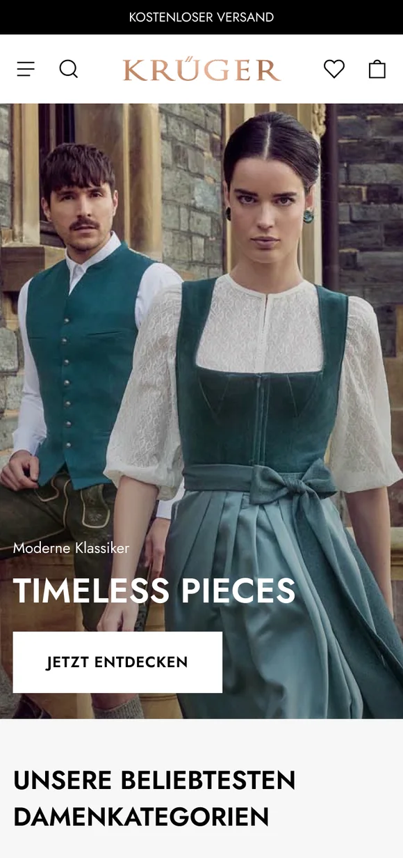 Mobile Krüger E-Commerce-Oberfläche mit der „Timeless Pieces“-Kollektion und traditioneller Trachtenmode für Damen und Herren