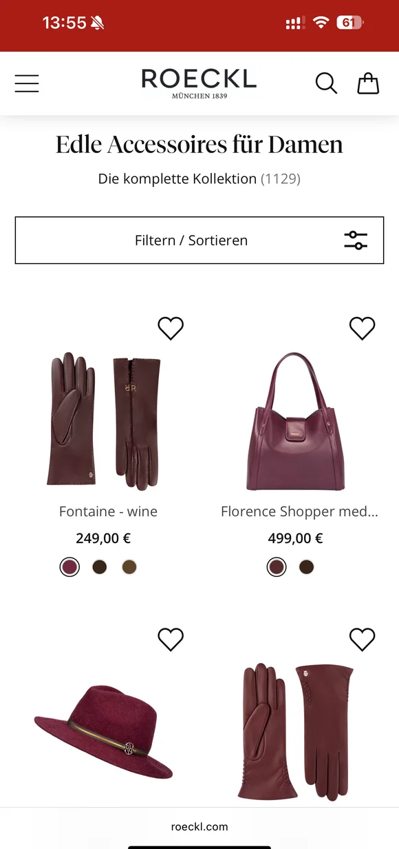 Mobile Roeckl E-Commerce-Oberfläche mit edlen Damen-Accessoires wie Lederhandschuhen, einer Handtasche und einem Filzhut