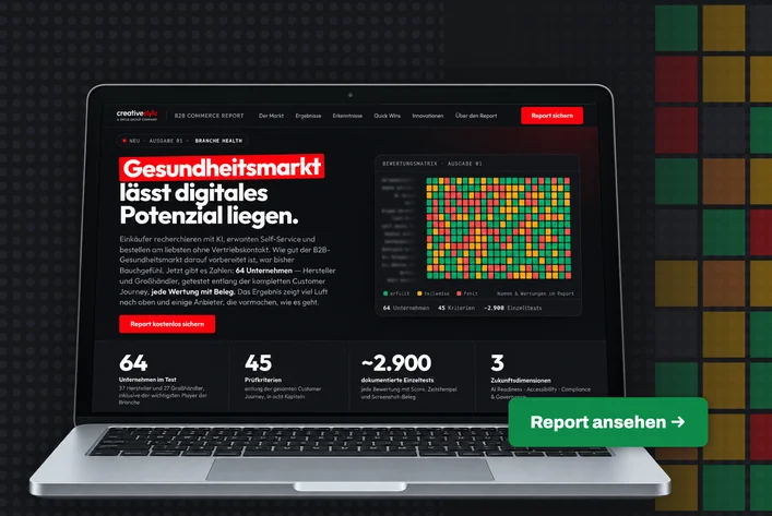 A laptop screen displaying a colorful digital report on the health market, titled "Gesundheitsmarkt lässt digitales Potenzial liegen."