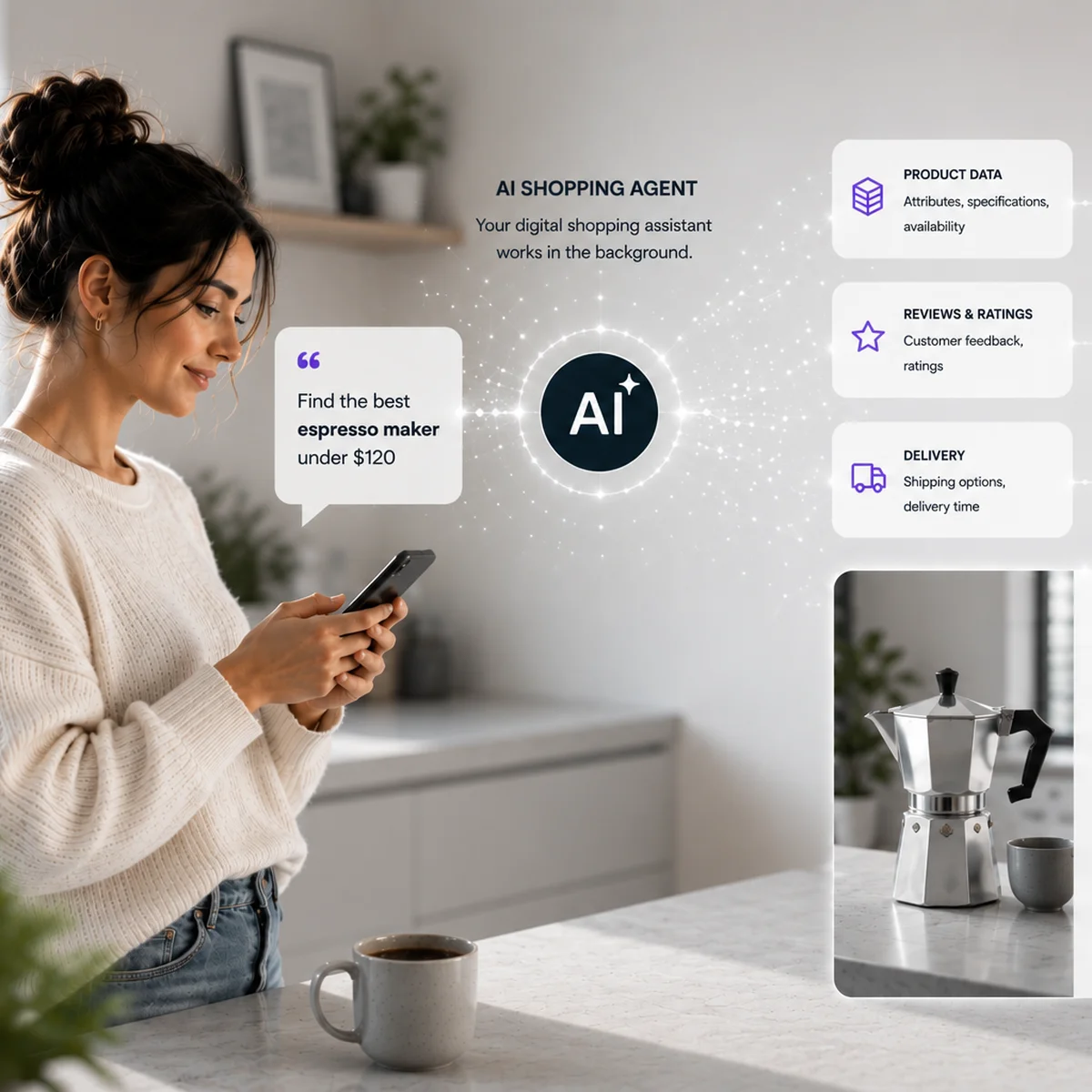 Woman in kitchen using phone with AI shopping assistant interface, displaying options for an espresso maker under $120, featuring product details and purchase completion.