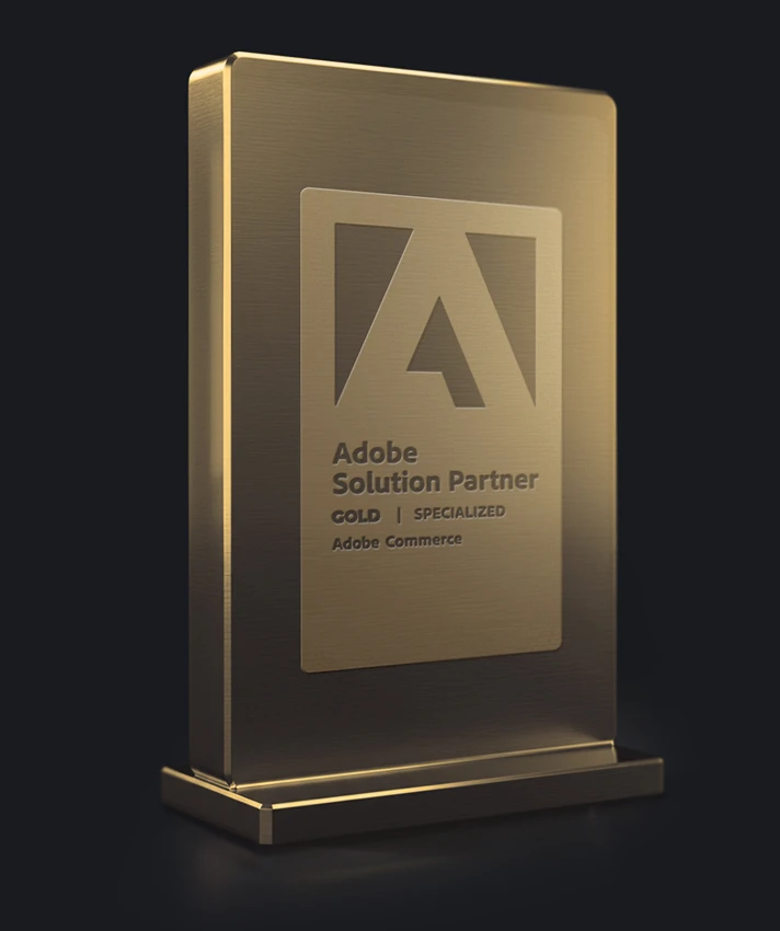 Adobe Solution Partner Gold Auszeichnung für Adobe Commerce auf dunklem Hintergrund