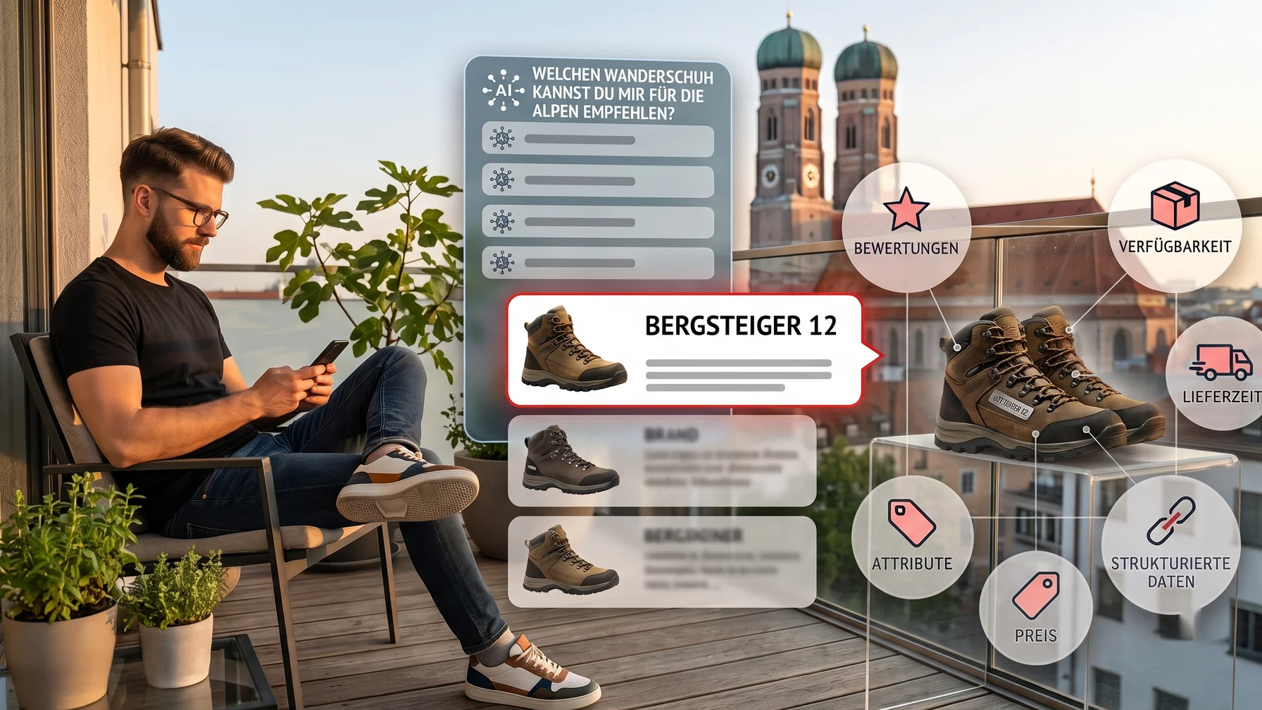 Man on a balcony using a smartphone with displayed information about hiking boots, including reviews and availability, against a cityscape backdrop.