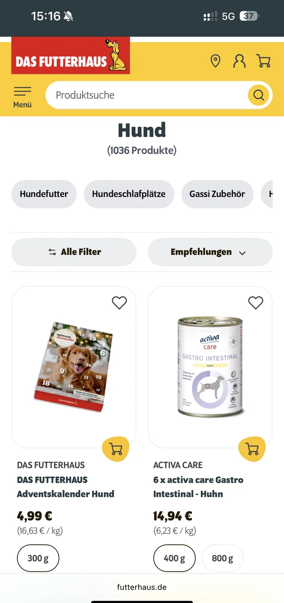 Mobile Das Futterhaus E-Commerce-Oberfläche mit einer Produktliste für Hunde, bestehend aus einem Hunde-Adventskalender und Activa Care Gastro Intestinal Nassfutter