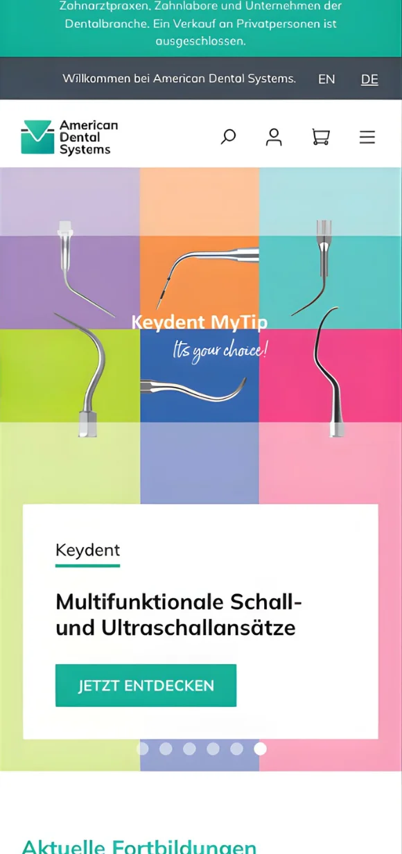 Mobile American Dental Systems Benutzeroberfläche mit professioneller Dentaltechnik und spezialisiertem Zubehör