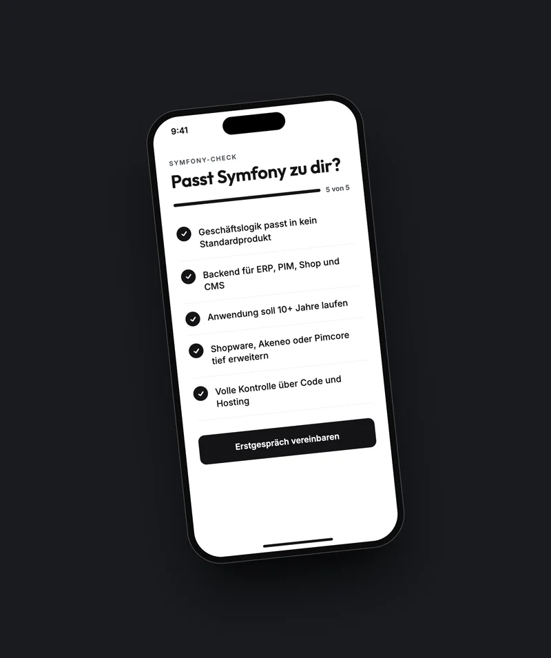 Smartphone showing a “Is Symfony right for you?” checklist with five criteria met, in front of a white brushstroke