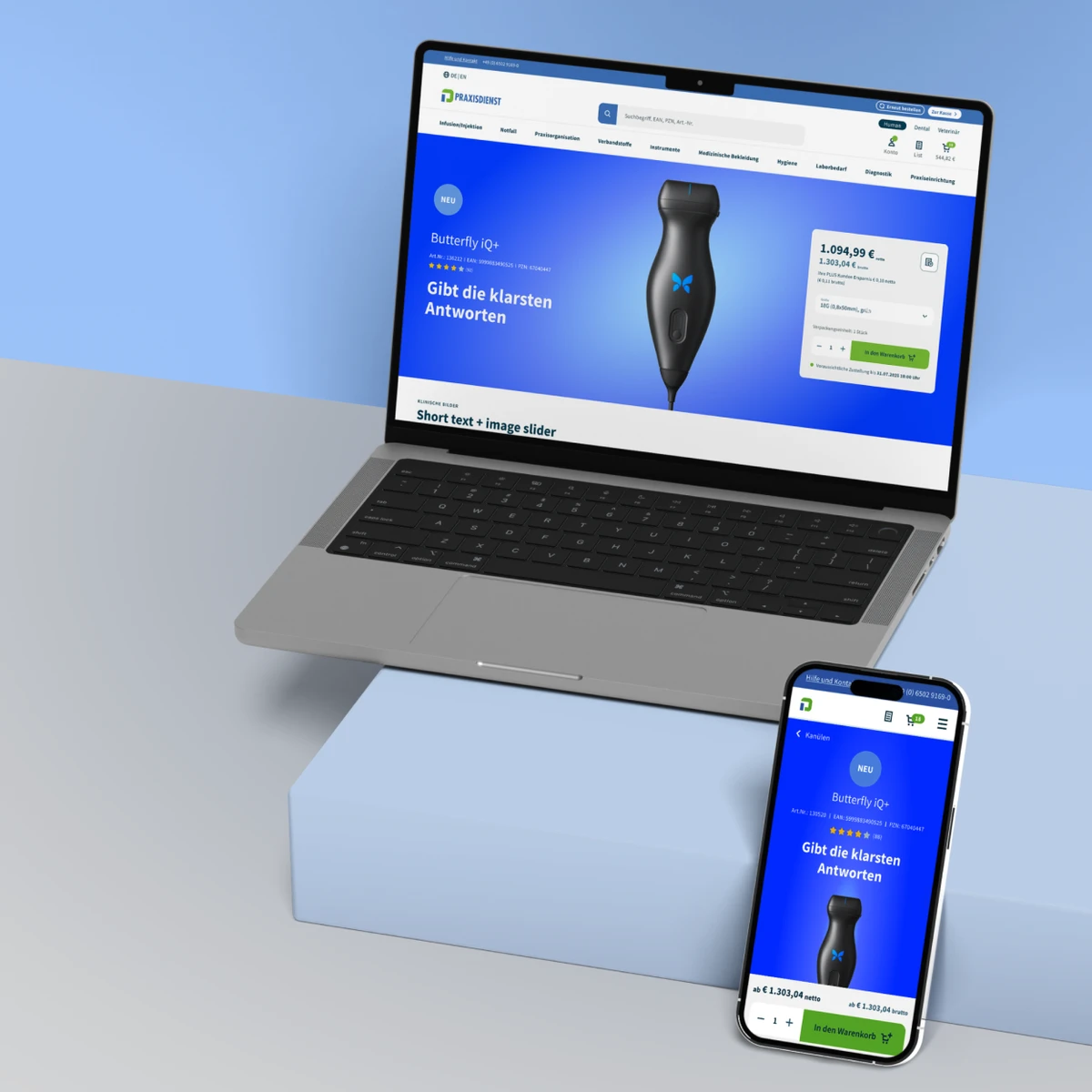Praxisdienst E-Commerce-Website-Vorschau auf Laptop und Smartphone mit dem medizinischen Bildgebungsgerät Butterfly iQ+ und Online-Shop-Oberfläche