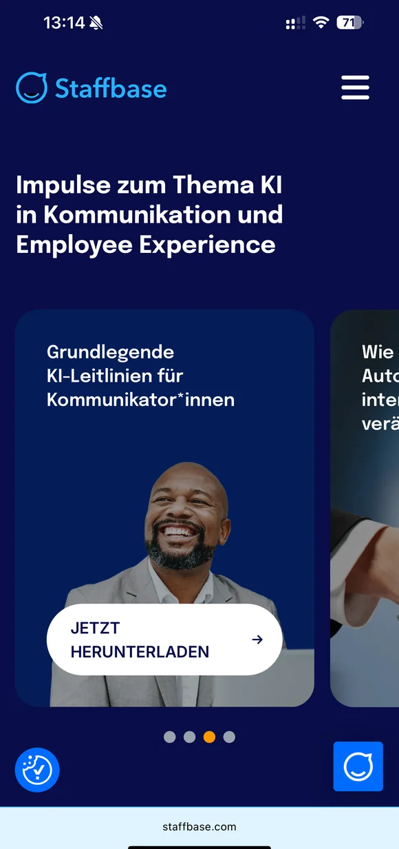 Mobile Staffbase E-Commerce-Oberfläche mit KI-Leitlinien für Kommunikatoren und Ressourcen zur Employee Experience