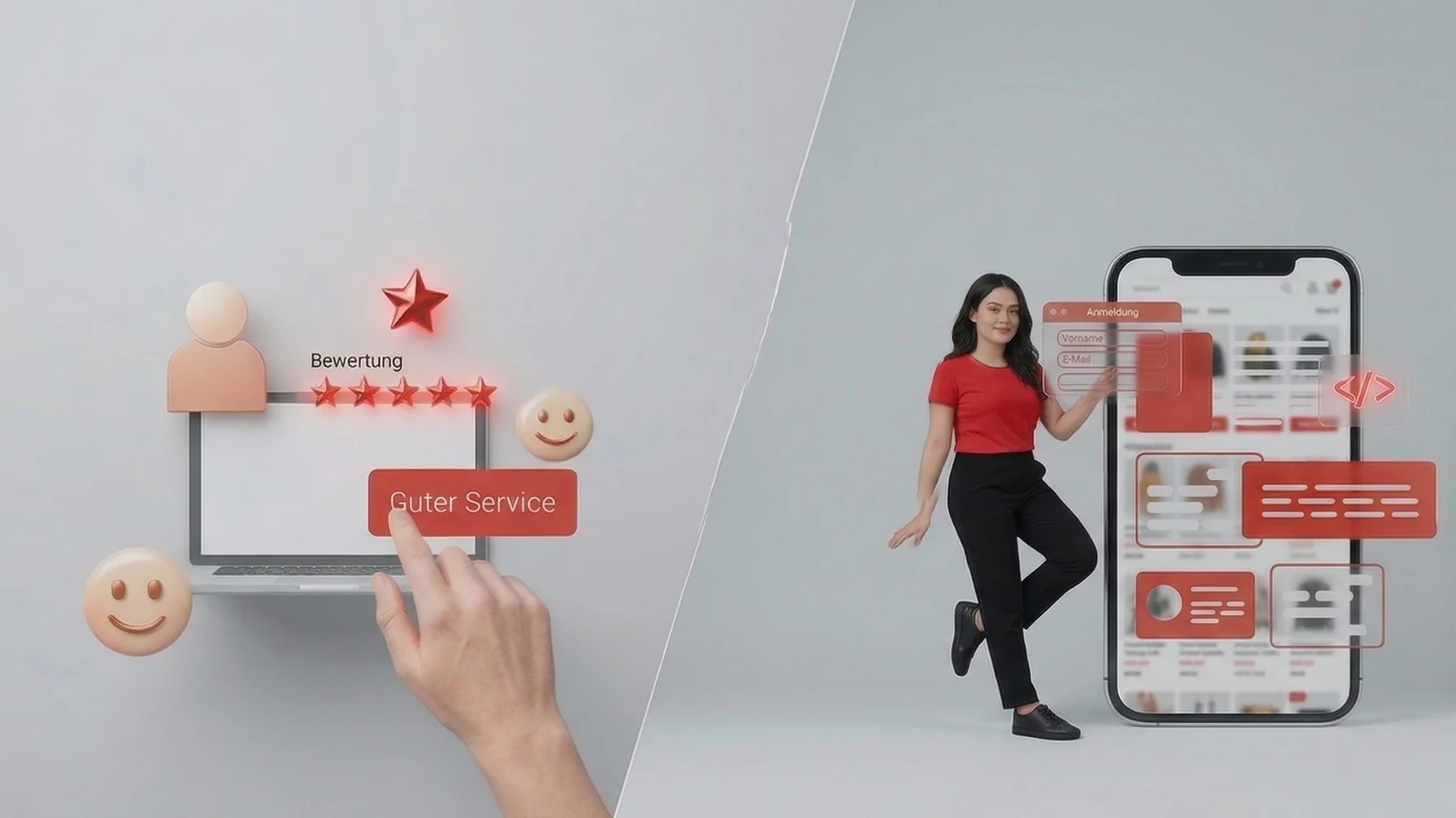 Woman in red top interacting with UX, featuring 5-star ratings, symbolizing good customer experience (cx)  rating.