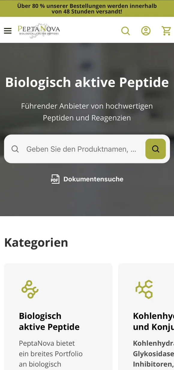 Mobiler PeptaNova-B2B-Shop auf Shopify mit Suchleiste und der Kategorie „Biologisch aktive Peptide“