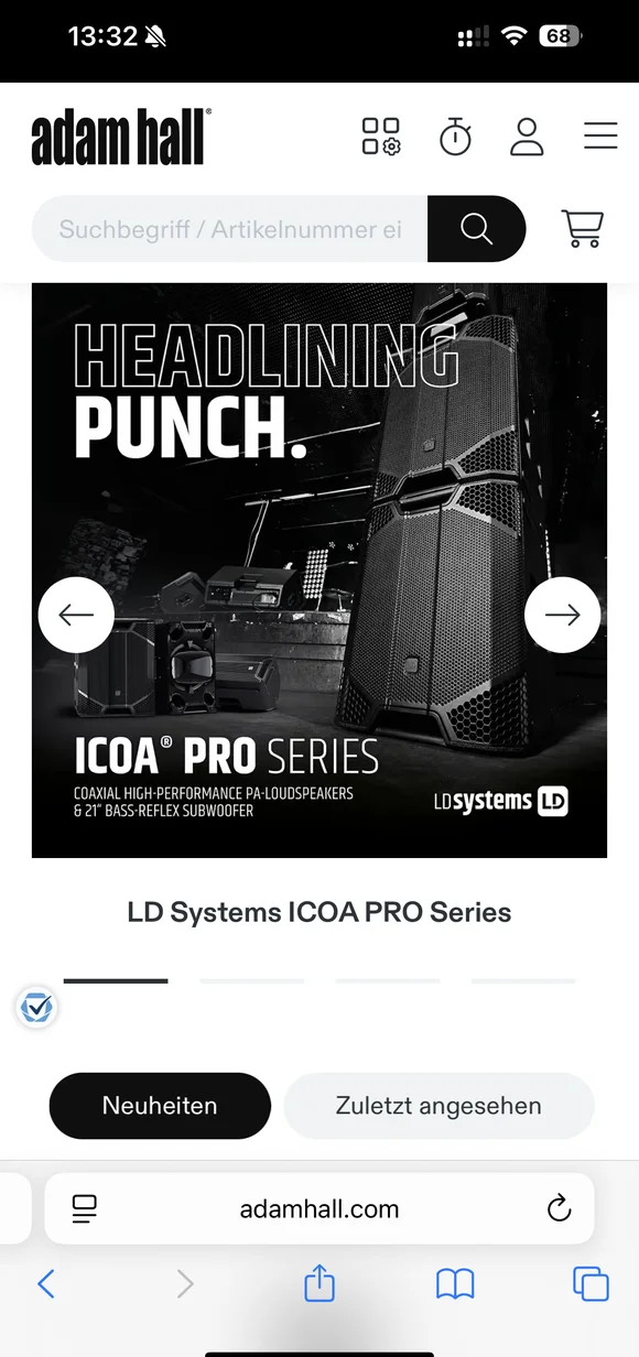 Mobile Adam Hall E-Commerce-Oberfläche mit der LD Systems ICOA PRO Serie für Hochleistungs-PA-Lautsprecher