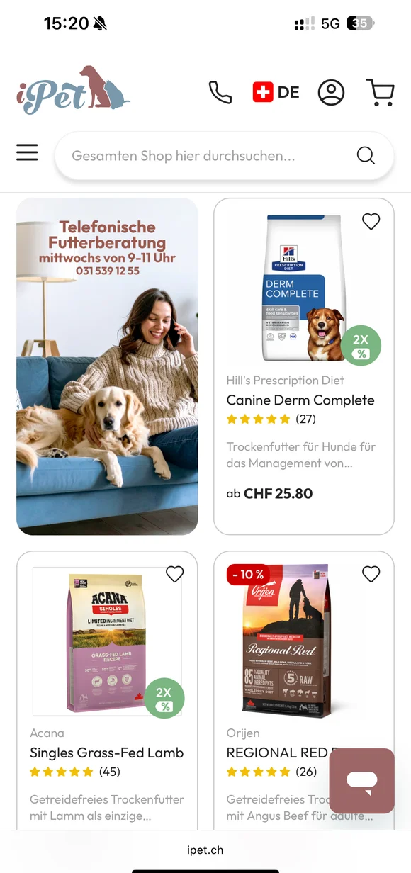 Mobile iPet E-Commerce-Oberfläche mit einer Produktauflistung für Premium-Hundefutter, einschließlich Hill's Prescription Diet, Acana und Orijen sowie einem Werbebanner für telefonische Futterberatung