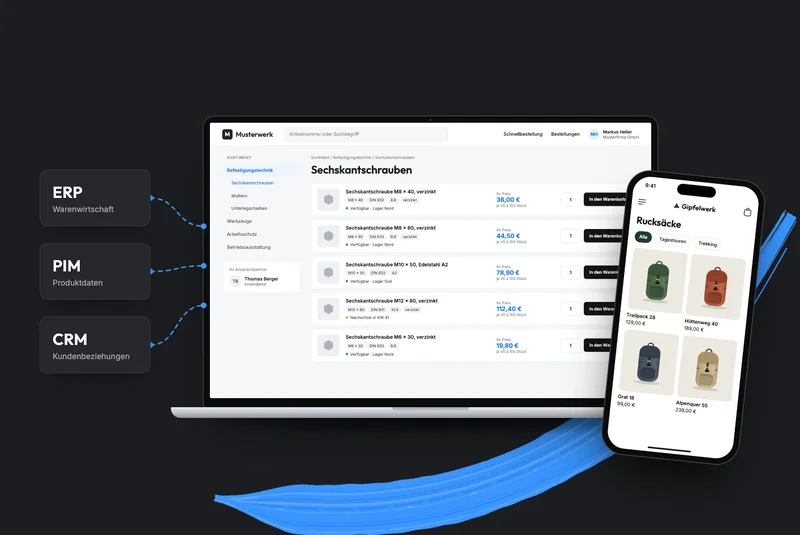 ERP, PIM and CRM connected to a B2B shop on a laptop and a B2C shop on a smartphone, linked by a blue brushstroke