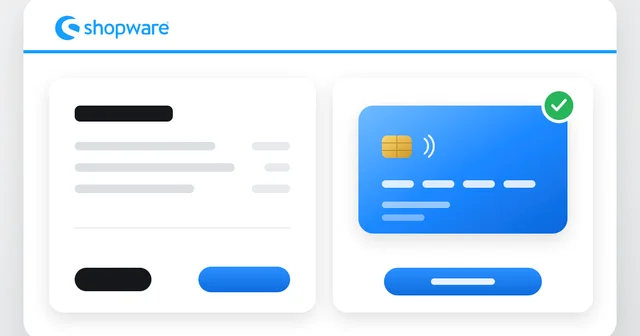 Shopware payment interface showing transaction details on the left and a blue credit card with a checkmark on the right.
