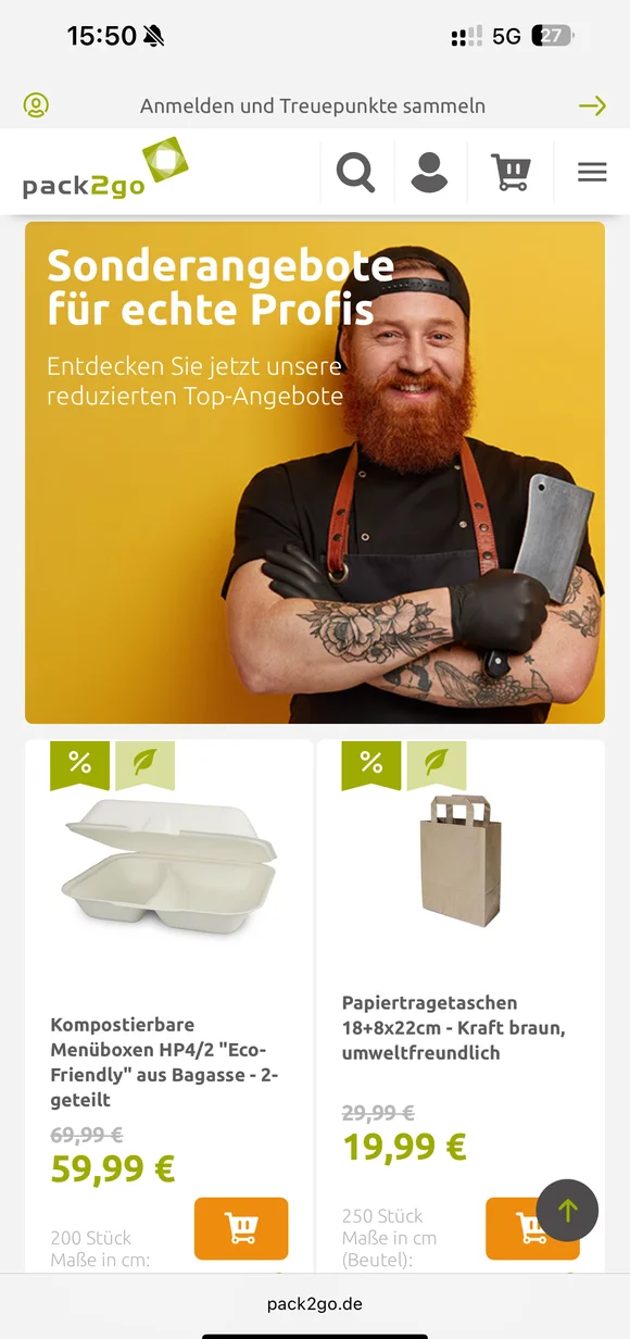 Mobile pack2go E-Commerce-Oberfläche mit „Sonderangeboten für echte Profis“, bestehend aus kompostierbaren Menüboxen und braunen Kraftpapier-Tragetüten neben der Abbildung eines Profi-Kochs