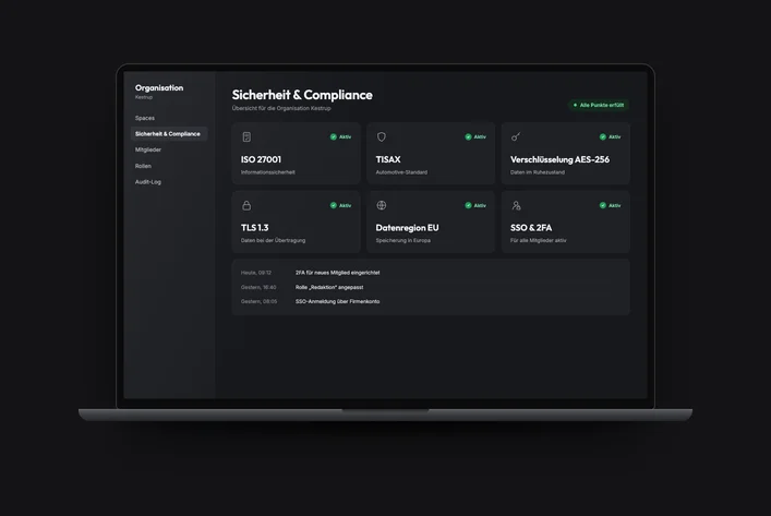 Dashboard showing security status for ISO 27001, TISAX, AES-256, TLS 1.3, EU data region, SSO and 2FA
