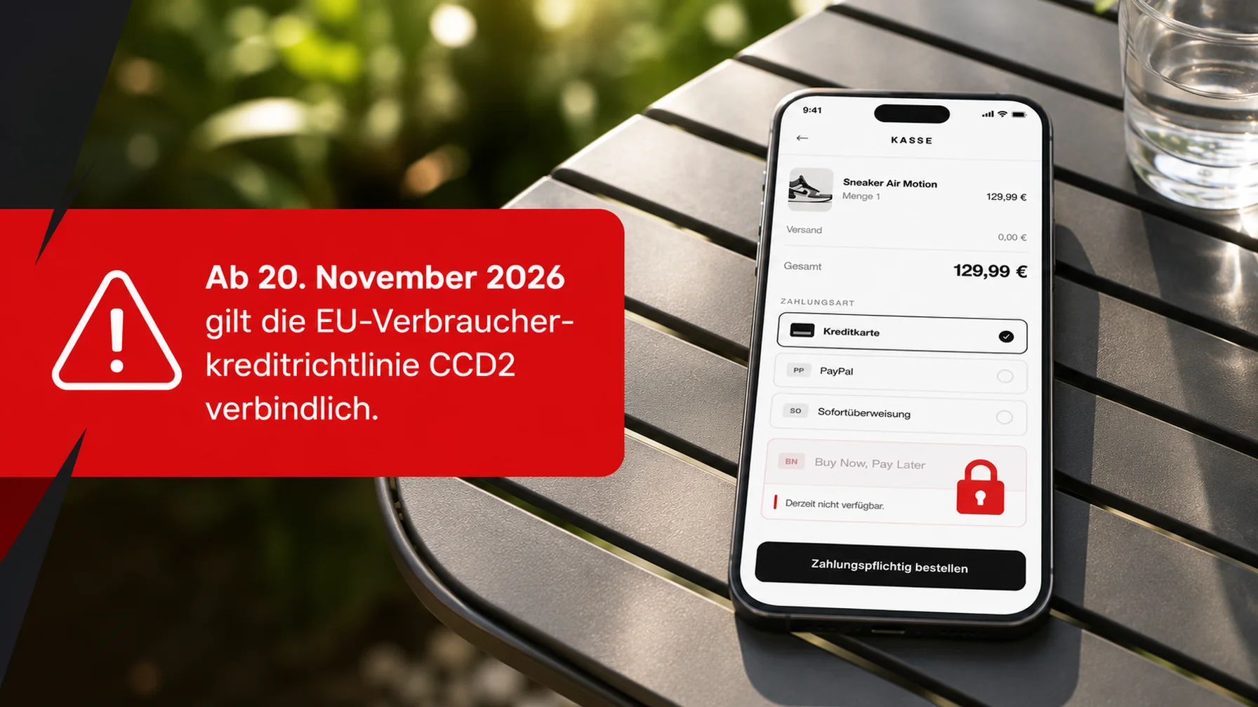 Checkout-Bildschirm mit Zahlartenauswahl und Buy-Now-Pay-Later-Option