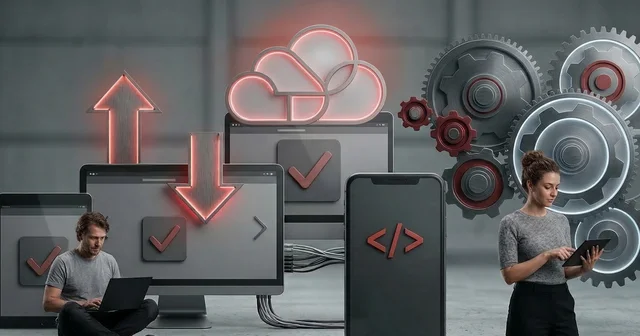 People using devices surrounded by cloud computing icons, gears, and arrows, symbolizing data synchronization and technology.