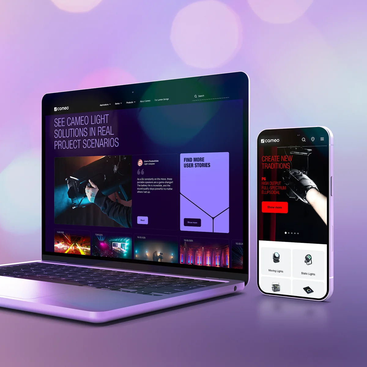 Cameo Light E-Commerce-Website-Vorschau auf Laptop und Smartphone mit professionellen Beleuchtungslösungen und Anwenderberichten