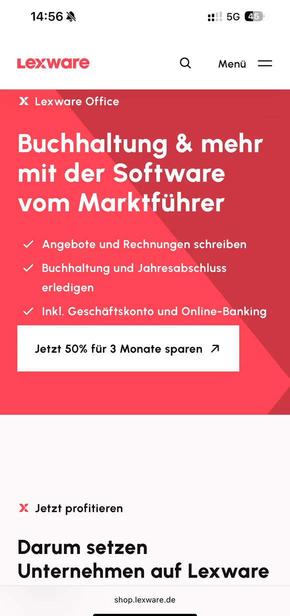 Mobile Lexware-Benutzeroberfläche mit Funktionen der Buchhaltungssoftware Lexware Office und Werbeaktionen
