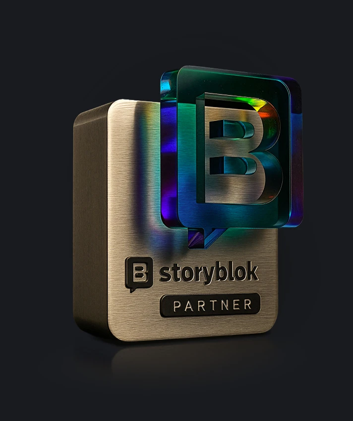 Storyblok Partner Auszeichnung mit einem farbigen Glas-Logo auf dunklem Hintergrund
