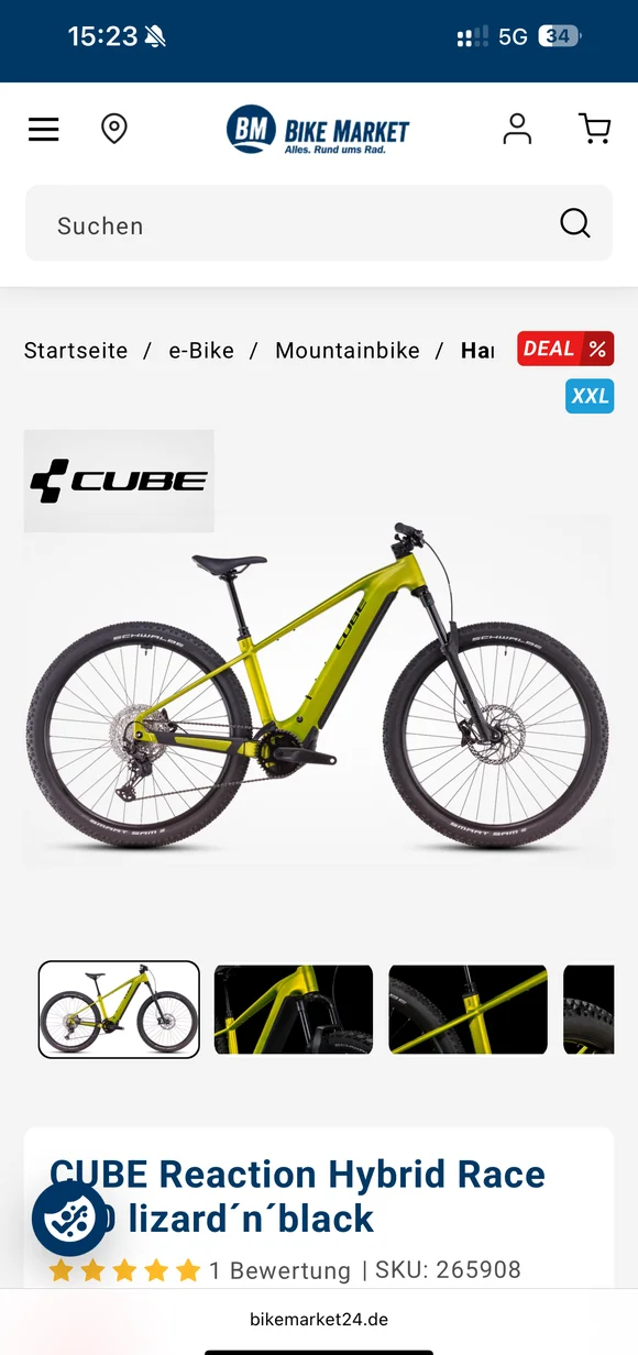 Mobile BIKE MARKET E-Commerce-Oberfläche mit dem E-Mountainbike „CUBE Reaction Hybrid Race“ in der Farbe „lizard´n´black“, inklusive Produktbildern, einem Deal-Badge und Kundenbewertungen