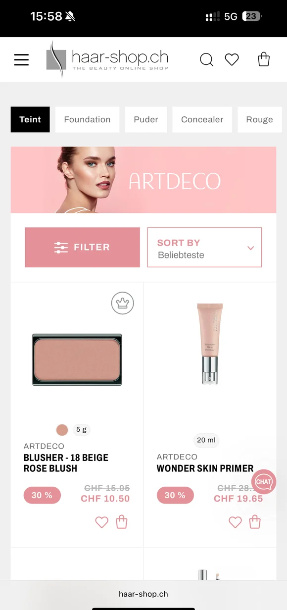 Mobile haar-shop.ch E-Commerce-Oberfläche mit einer Produktliste für ARTDECO-Kosmetik, einschließlich des „BLUSHER - 18 BEIGE ROSE BLUSH“ und „WONDER SKIN PRIMER“ mit Rabattpreisen und Kategoriefiltern wie „Teint“ und „Foundation“