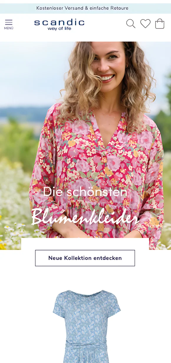 Mobile Scandic Way of Life Benutzeroberfläche mit einer Blumenkleider-Kollektion und Promotion für die neue Kollektion