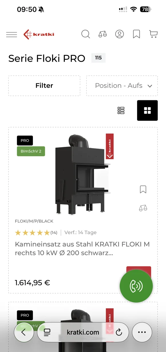 Mobile Kratki E-Commerce-Oberfläche mit einer Auflistung von Kamineinsätzen der Floki PRO Serie