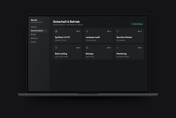Dashboard showing the security and operations status of a Symfony application